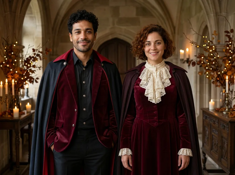 The two fictional adults from the input couple photo in coordinated burgundy vampire costumes