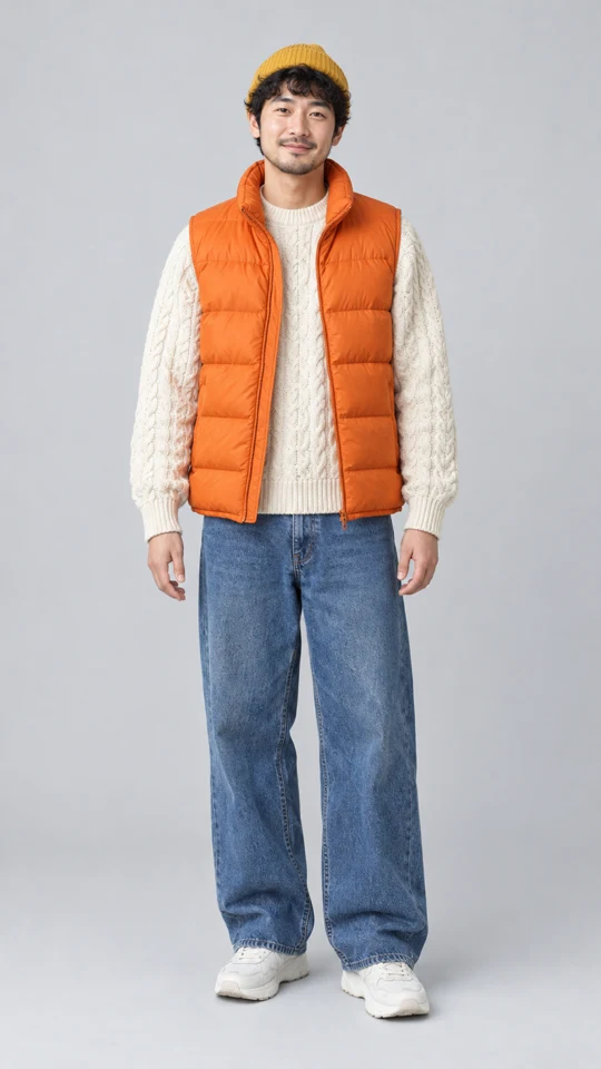 The Clico-generated input photo: one man in a yellow beanie, orange vest, cream sweater, blue jeans and white sneakers