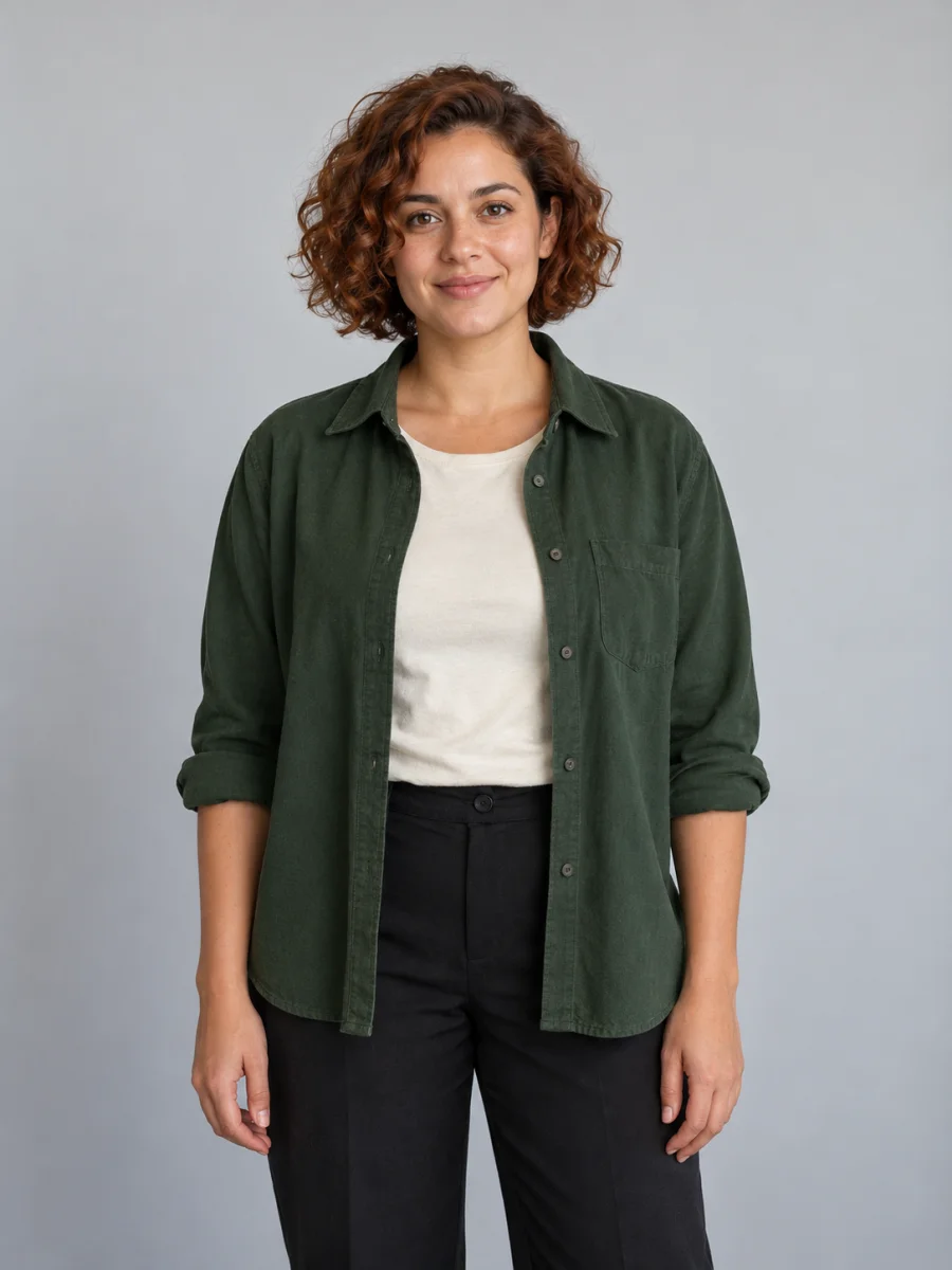 The same fictional woman in her original green overshirt